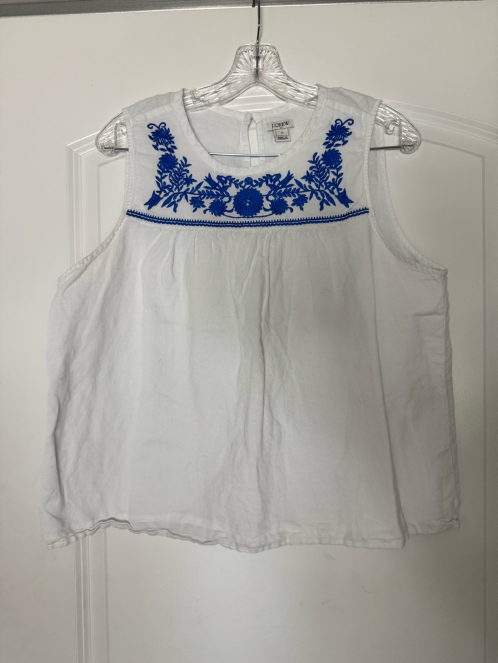J. Crew White Sleeveless Camisole with Blue Floral Embroidery